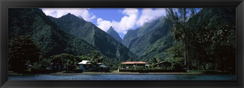 Framed Mountains and buildings on the coast, Tahiti, French Polynesia Print