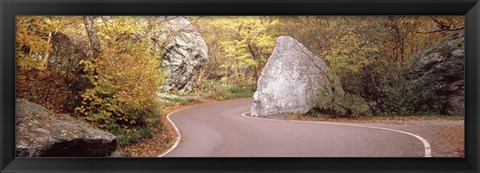 Framed Road curving around a big boulder, Stowe, Lamoille County, Vermont, USA Print