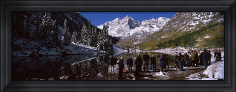 Framed Tourists at the lakeside, Maroon Bells, Aspen, Pitkin County, Colorado, USA Print