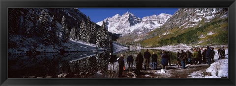 Framed Tourists at the lakeside, Maroon Bells, Aspen, Pitkin County, Colorado, USA Print