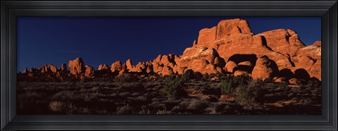 Framed Rock formations on an arid landscape, Arches National Park, Moab, Grand County, Utah, USA Print