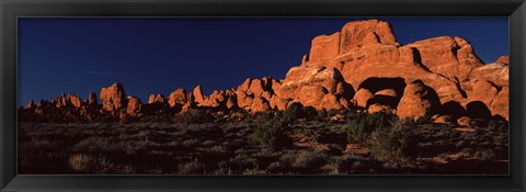 Framed Rock formations on an arid landscape, Arches National Park, Moab, Grand County, Utah, USA Print