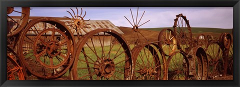 Framed Ffence made of wheels, Palouse, Whitman County, Washington State Print