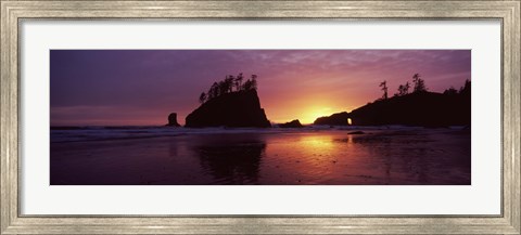 Framed Silhouette of seastacks at sunset, Second Beach, Washington State Print