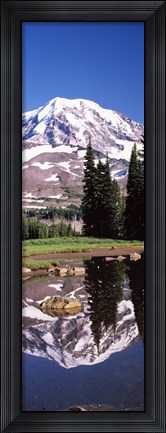Framed Reflection of a mountain in a lake, Mt Rainier, Pierce County, Washington State, USA Print