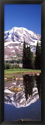 Framed Reflection of a mountain in a lake, Mt Rainier, Pierce County, Washington State, USA Print