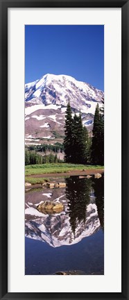 Framed Reflection of a mountain in a lake, Mt Rainier, Pierce County, Washington State, USA Print