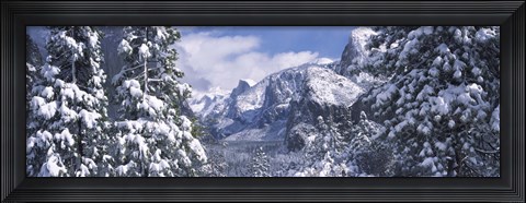 Framed Mountains and waterfall in snow, Tunnel View, El Capitan, Half Dome, Bridal Veil, Yosemite National Park, California Print