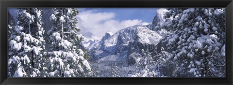 Framed Mountains and waterfall in snow, Tunnel View, El Capitan, Half Dome, Bridal Veil, Yosemite National Park, California Print