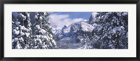 Framed Mountains and waterfall in snow, Tunnel View, El Capitan, Half Dome, Bridal Veil, Yosemite National Park, California Print