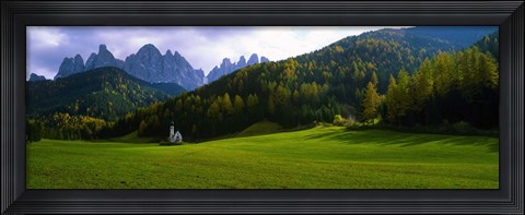 Framed Valley with a church and mountains in the background, Santa Maddalena, Val De Funes, Le Odle, Dolomites, Italy Print