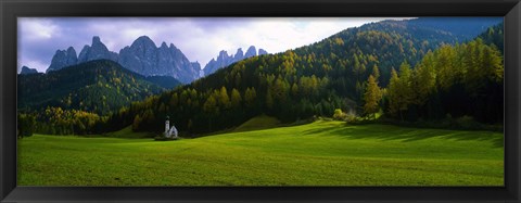 Framed Valley with a church and mountains in the background, Santa Maddalena, Val De Funes, Le Odle, Dolomites, Italy Print