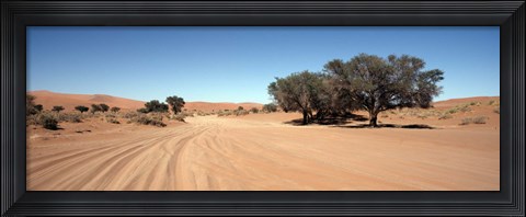 Framed Tire tracks in an arid landscape, Sossusvlei, Namib Desert, Namibia Print