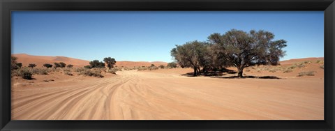 Framed Tire tracks in an arid landscape, Sossusvlei, Namib Desert, Namibia Print