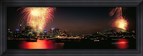 Framed Firework display at New year&#39;s eve in a city, Cremorne Point, Sydney, New South Wales, Australia Print