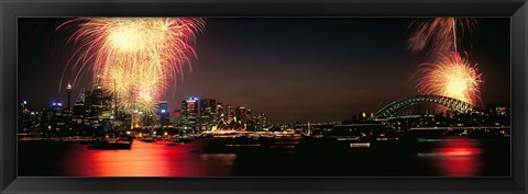 Framed Firework display at New year&#39;s eve in a city, Cremorne Point, Sydney, New South Wales, Australia Print