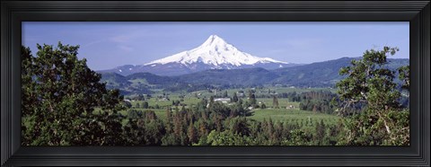 Framed Trees and farms with a snowcapped mountain in the background, Mt Hood, Oregon, USA Print