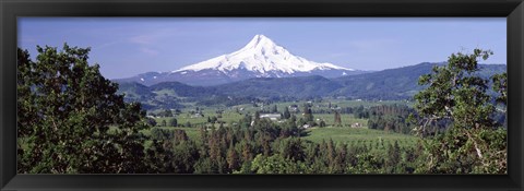 Framed Trees and farms with a snowcapped mountain in the background, Mt Hood, Oregon, USA Print