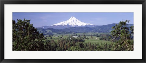 Framed Trees and farms with a snowcapped mountain in the background, Mt Hood, Oregon, USA Print