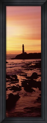 Framed Silhouette of a lighthouse at sunset, Pigeon Point Lighthouse, San Mateo County, California Print
