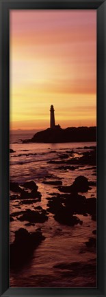 Framed Silhouette of a lighthouse at sunset, Pigeon Point Lighthouse, San Mateo County, California Print