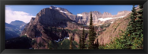 Framed Trees with a mountain range in the background, US Glacier National Park, Montana, USA Print