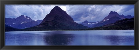 Framed Reflection of mountains in a lake, Swiftcurrent Lake, Many Glacier, US Glacier National Park, Montana (Blue) Print