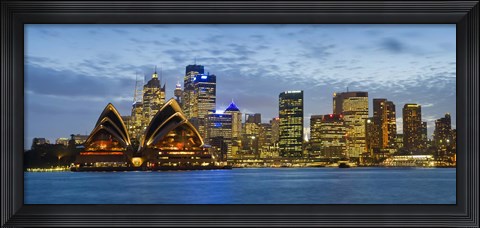 Framed Opera house and buildings lit up at dusk, Sydney Opera House, Sydney Harbor, Sydney, New South Wales, Australia Print