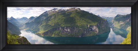 Framed Reflection of mountains in fjord, Geirangerfjord, Sunnmore, Norway Print