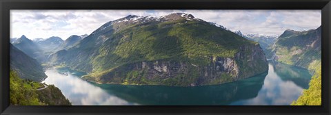 Framed Reflection of mountains in fjord, Geirangerfjord, Sunnmore, Norway Print