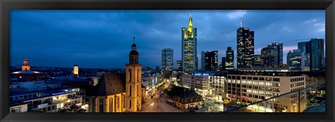 Framed Buildings lit up at night, St. Catherine&#39;s Church, Hauptwache, Frankfurt, Hesse, Germany Print