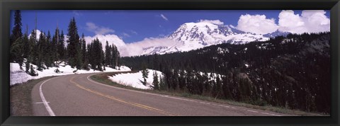 Framed Road with a mountain range in the background, Mt Rainier, Mt Rainier National Park, Pierce County, Washington State, USA Print