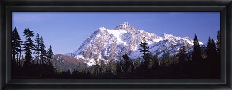 Framed Mountain range covered with snow, Mt Shuksan, Picture Lake, North Cascades National Park, Washington State, USA Print