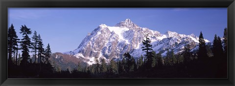 Framed Mountain range covered with snow, Mt Shuksan, Picture Lake, North Cascades National Park, Washington State, USA Print