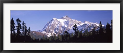 Framed Mountain range covered with snow, Mt Shuksan, Picture Lake, North Cascades National Park, Washington State, USA Print