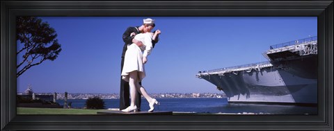 Framed Kiss between sailor and nurse sculpture, Unconditional Surrender, San Diego Aircraft Carrier Museum, San Diego, California, USA Print