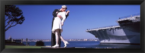 Framed Kiss between sailor and nurse sculpture, Unconditional Surrender, San Diego Aircraft Carrier Museum, San Diego, California, USA Print