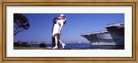 Framed Kiss between sailor and nurse sculpture, Unconditional Surrender, San Diego Aircraft Carrier Museum, San Diego, California, USA Print