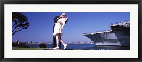 Framed Kiss between sailor and nurse sculpture, Unconditional Surrender, San Diego Aircraft Carrier Museum, San Diego, California, USA Print