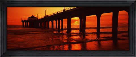 Framed Silhouette of a pier at sunset, Manhattan Beach Pier, Manhattan Beach, Los Angeles County, California, USA Print
