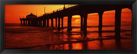 Framed Silhouette of a pier at sunset, Manhattan Beach Pier, Manhattan Beach, Los Angeles County, California, USA Print