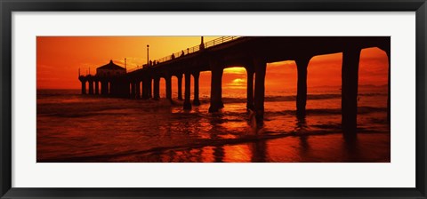 Framed Silhouette of a pier at sunset, Manhattan Beach Pier, Manhattan Beach, Los Angeles County, California, USA Print