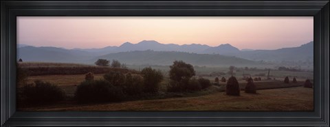 Framed Agricultural field with a mountain range in the background, Transylvania, Romania Print