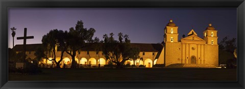 Framed Mission lit up at night, Mission Santa Barbara, Santa Barbara, Santa Barbara County, California, USA Print