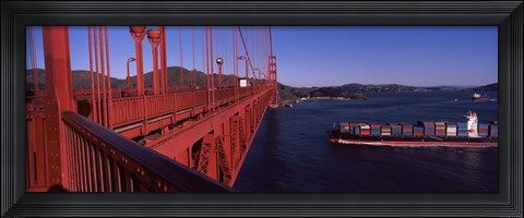 Framed Container ship passing under a suspension bridge, Golden Gate Bridge, San Francisco Bay, San Francisco, California, USA Print
