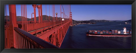 Framed Container ship passing under a suspension bridge, Golden Gate Bridge, San Francisco Bay, San Francisco, California, USA Print