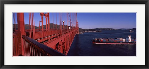 Framed Container ship passing under a suspension bridge, Golden Gate Bridge, San Francisco Bay, San Francisco, California, USA Print