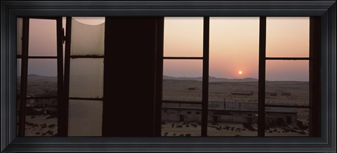 Framed Sunrise viewed through a window, Sperrgebiet, Kolmanskop, Namib Desert, Namibia Print