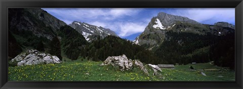 Framed Mountains in a forest, Mt Santis, Mt Altmann, Appenzell Alps, St Gallen Canton, Switzerland Print