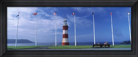 Framed Lighthouse with flags on the coast, Smeaton&#39;s Tower, Plymouth Hoe, Plymouth, Devon, England Print